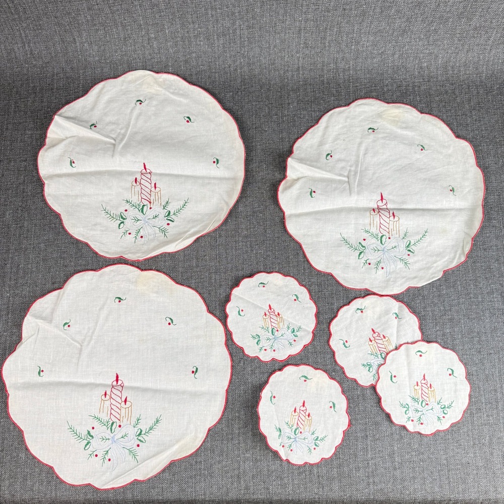 Vintage Christmas Embroidered Linen Doily Set 7pc White Red Green CandleS
